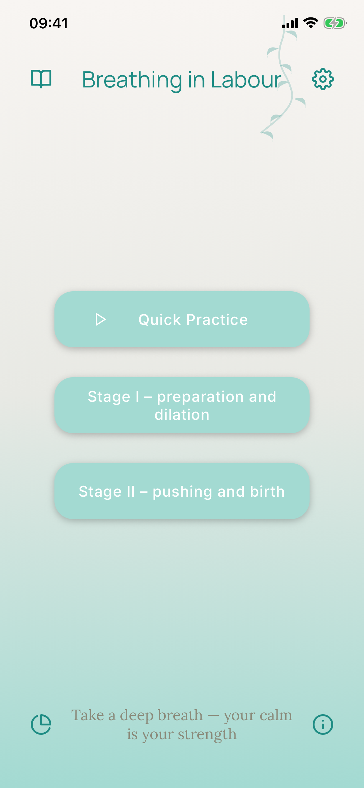 Breathing in Labour home screen with Quick Practice and guided sessions for both stages of labour.