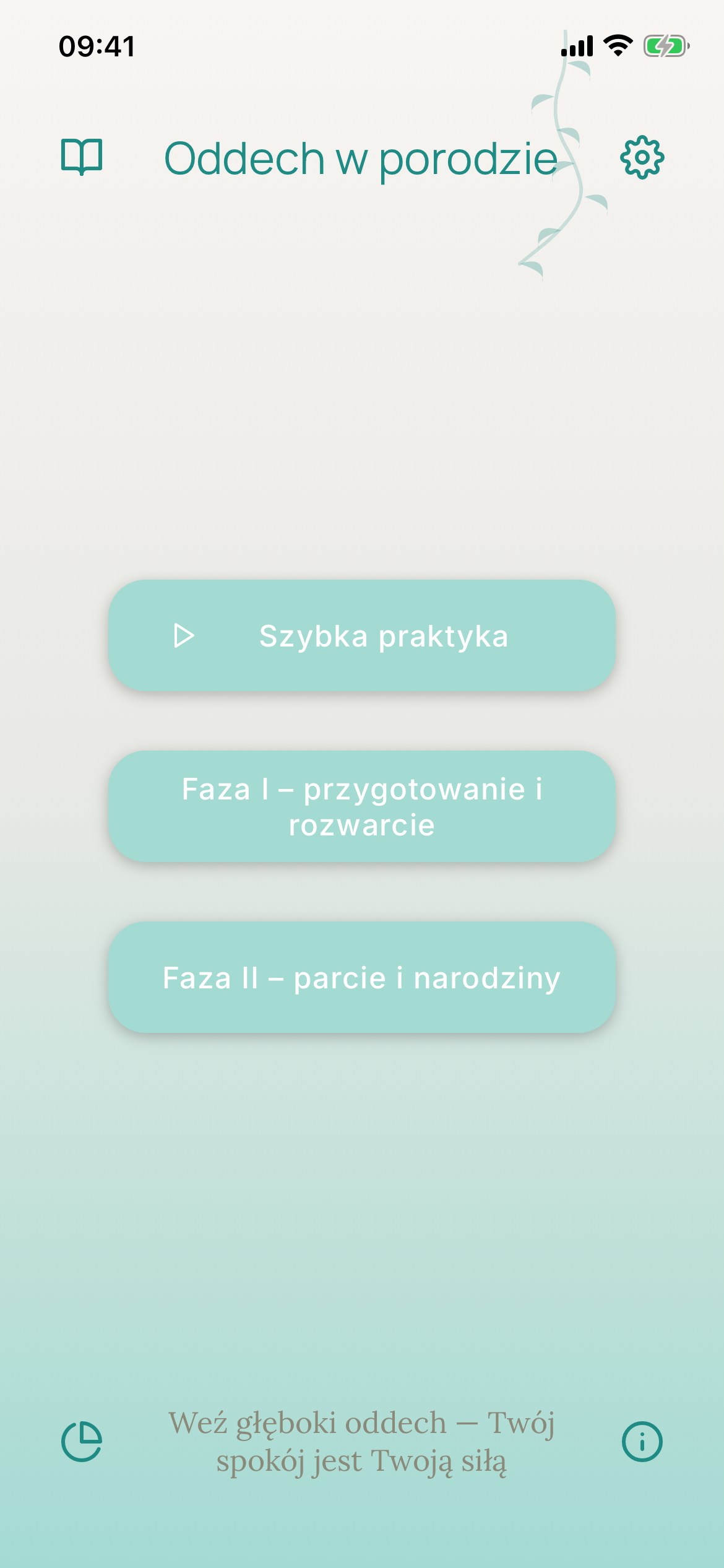 Ekran główny aplikacji Oddech w porodzie z Szybką praktyką i ćwiczeniami na oba etapy porodu.