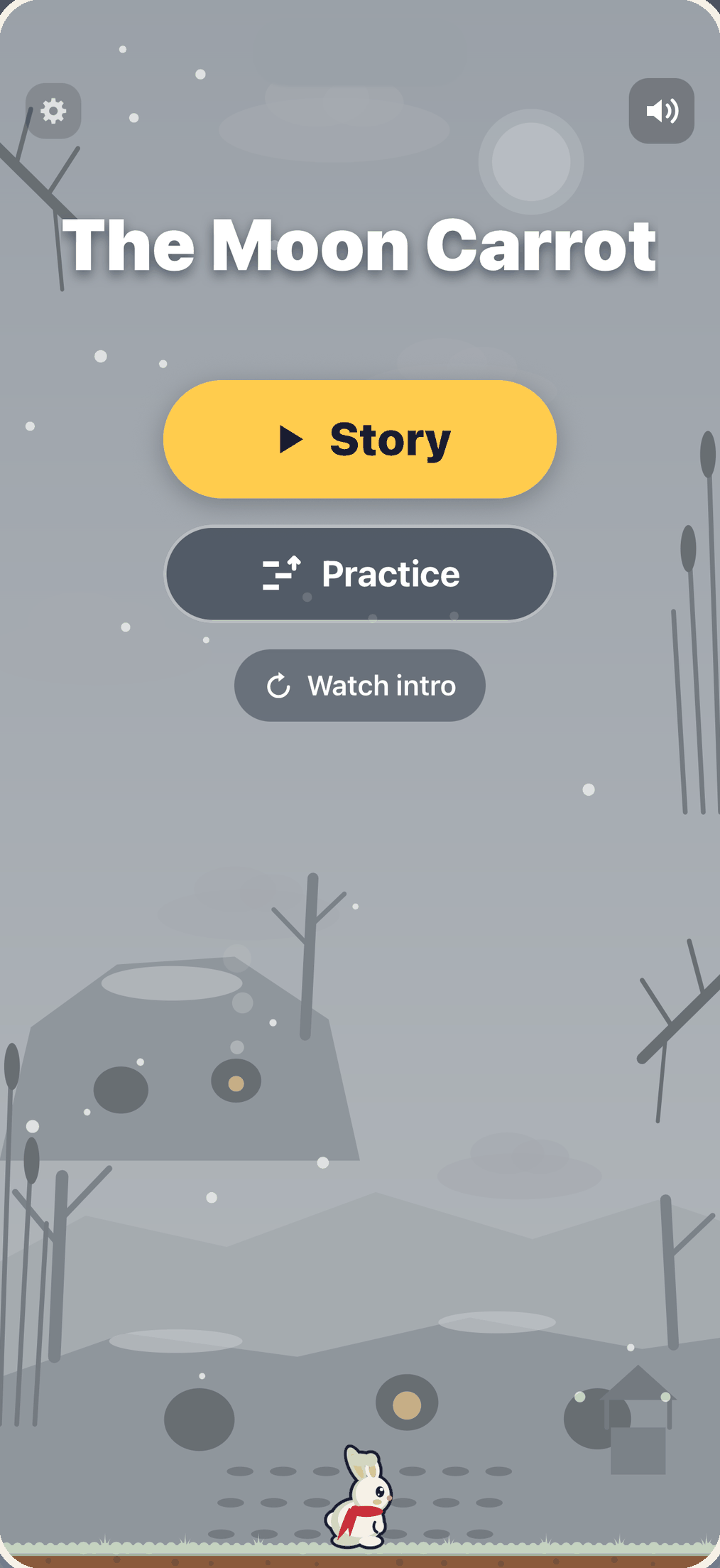 Moon Carrot home screen with Story, Practice and Watch intro buttons above Burrow Hollow, with Pip in a red scarf.