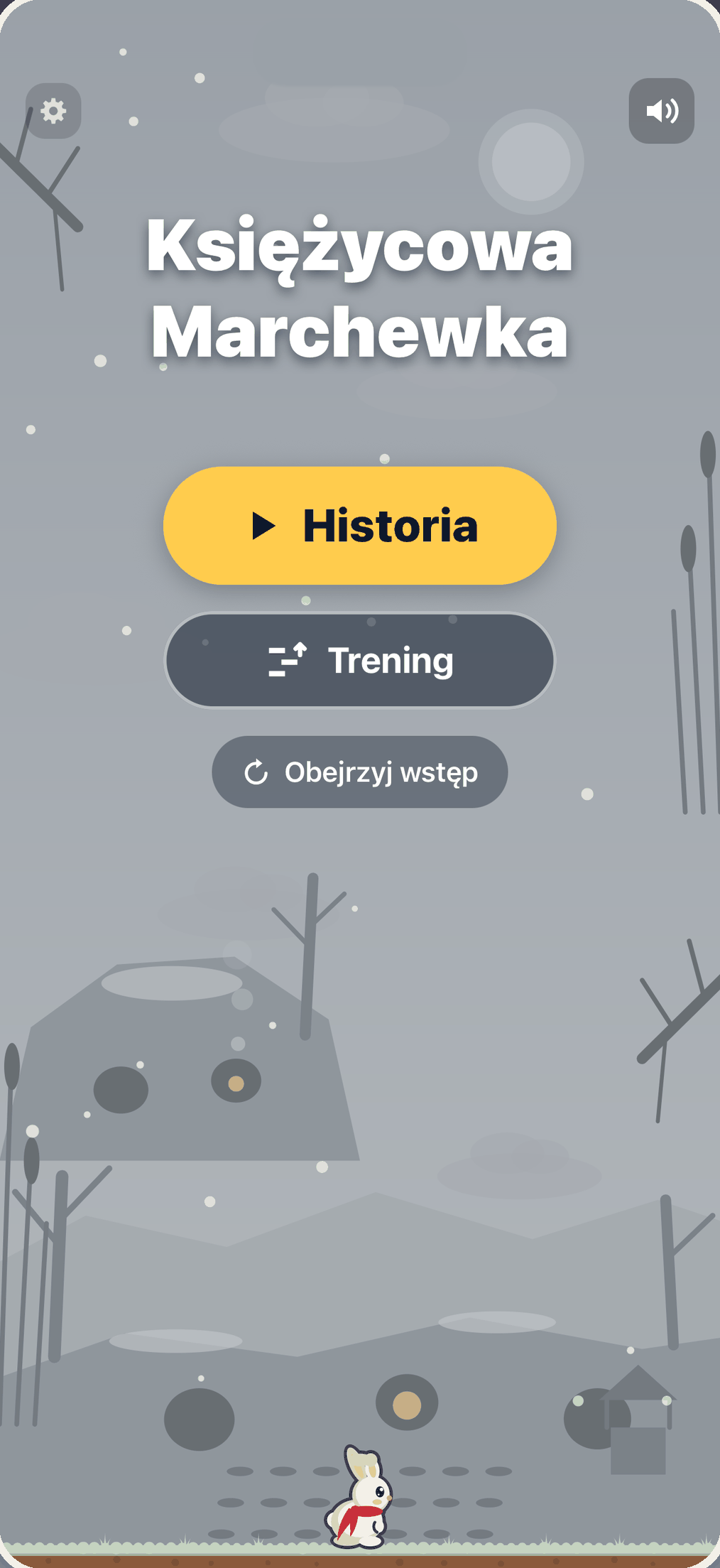 Ekran główny gry Księżycowa Marchewka z przyciskami Historia, Trening i Obejrzyj wstęp nad Norkową Doliną i króliczkiem Pipem w czerwonym szaliku.