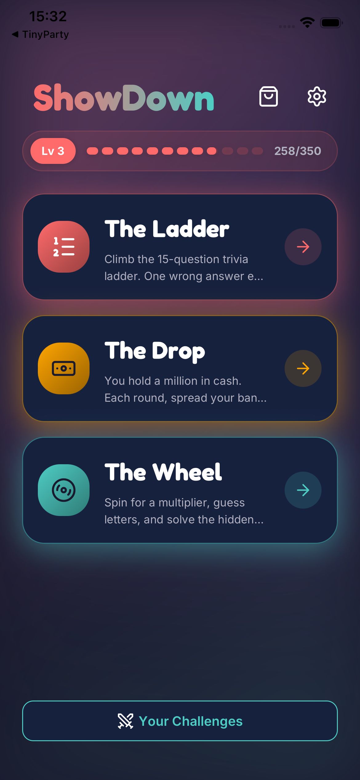 ShowDown level 3 game selection with The Ladder, The Drop and The Wheel modes.