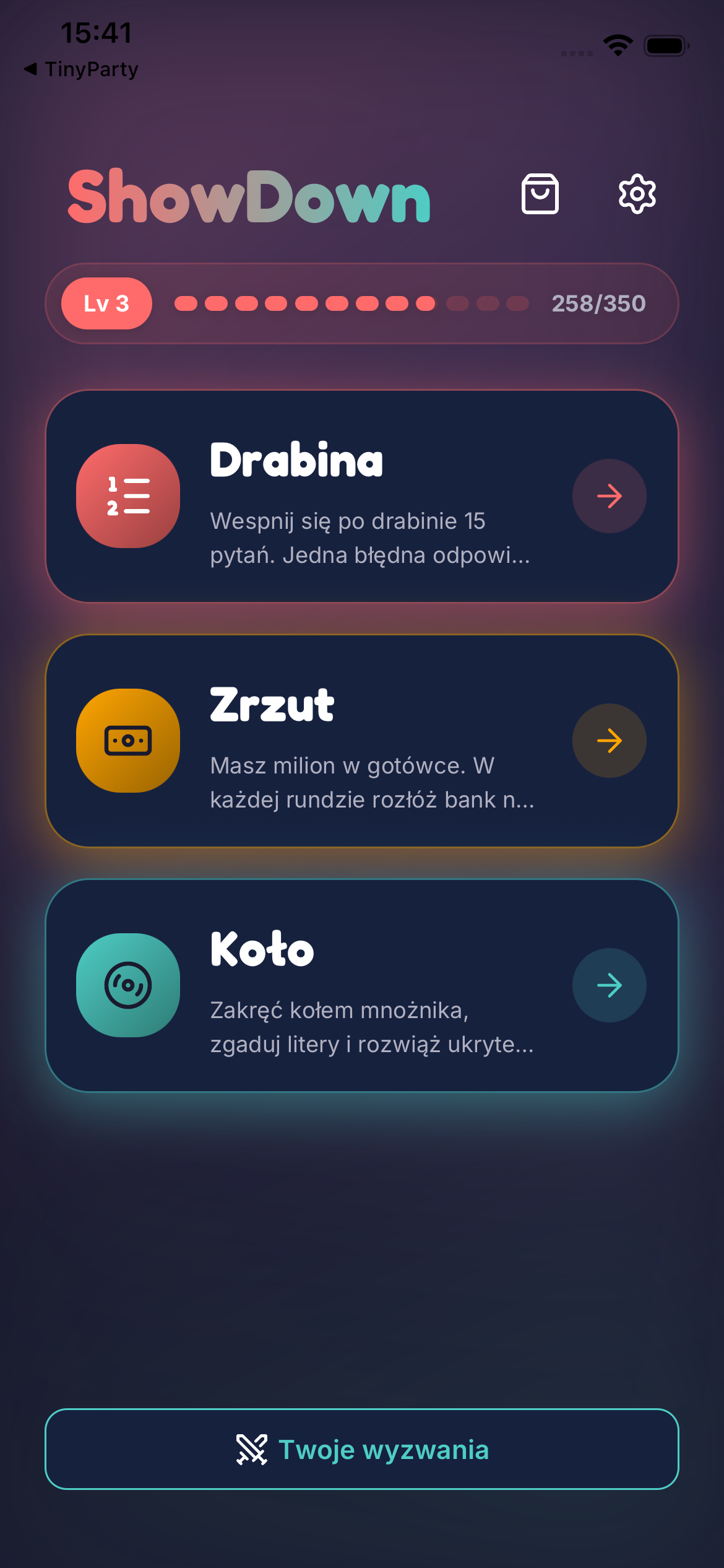 Ekran wyboru gier na 3. poziomie ShowDown z trybami Drabina, Zrzut i Koło.