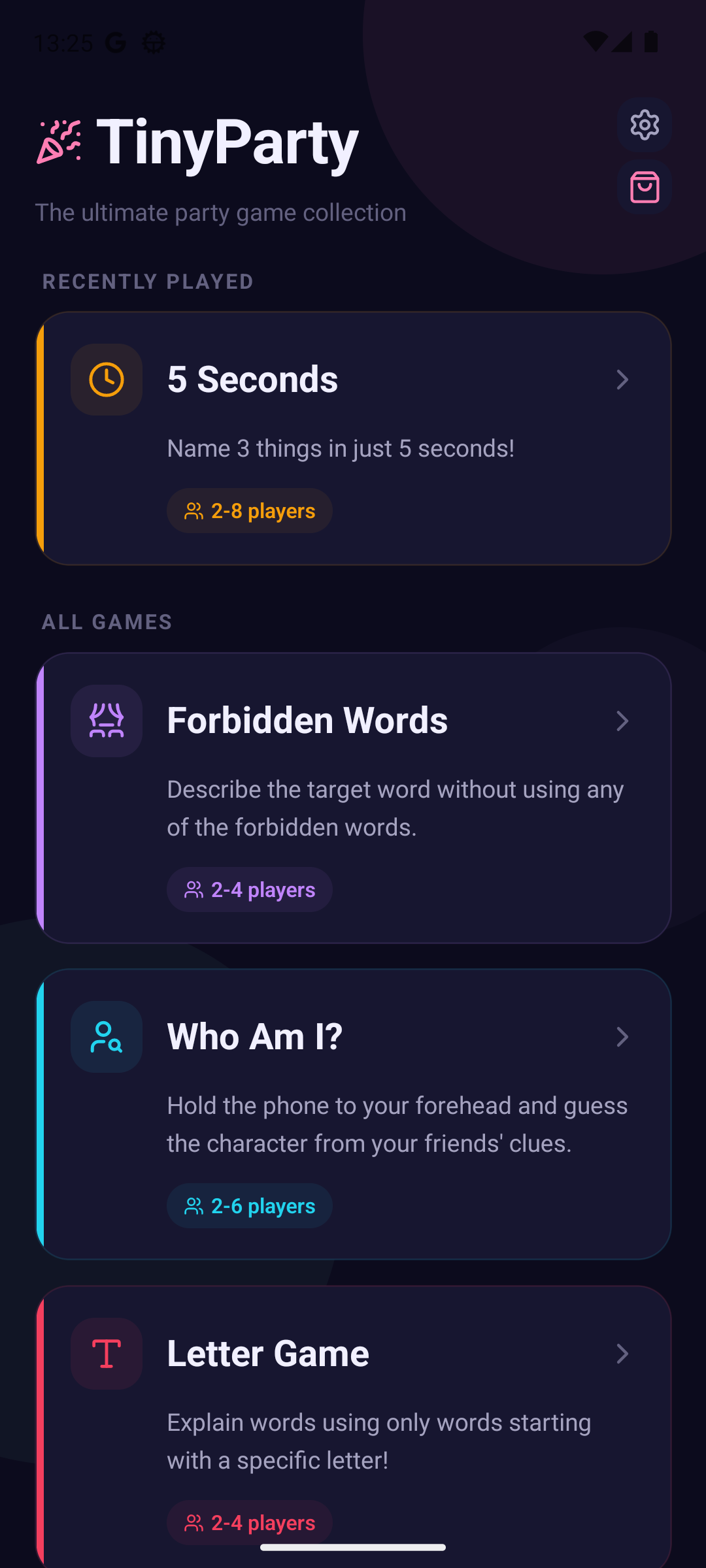 TinyParty game library showing 5 Seconds, Forbidden Words, Who Am I? and Letter Game.