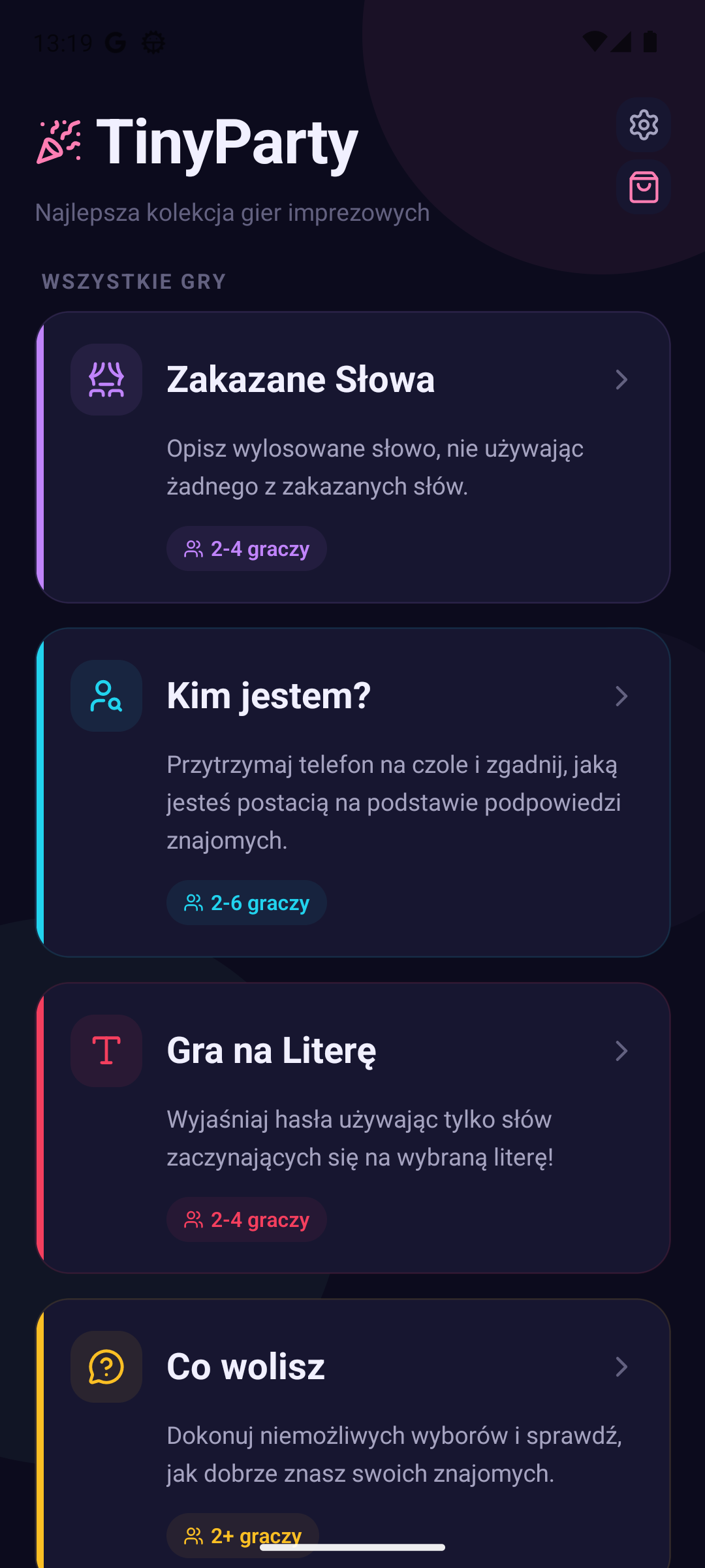 Biblioteka gier TinyParty z tytułami Zakazane Słowa, Kim jestem?, Gra na Literę i Co wolisz.