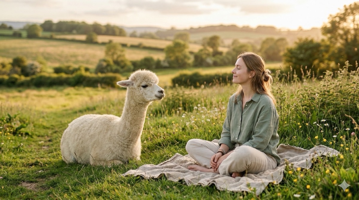 Person sitting peacefully with an alpaca in a green meadow during therapy session