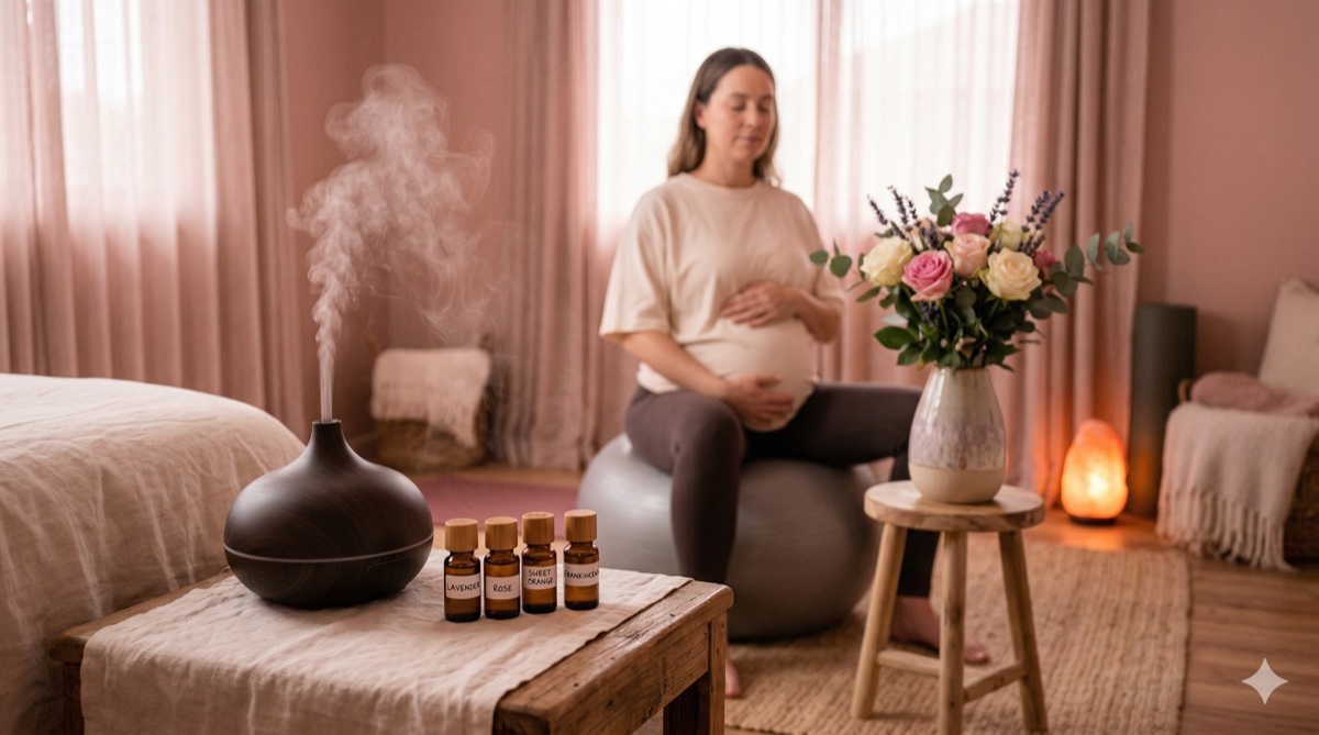 Pregnant woman using essential oils during labor with soft rose-toned lighting