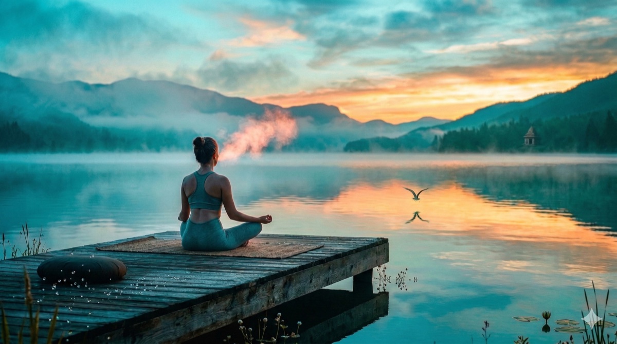 Person practicing conscious breathing in a peaceful natural setting