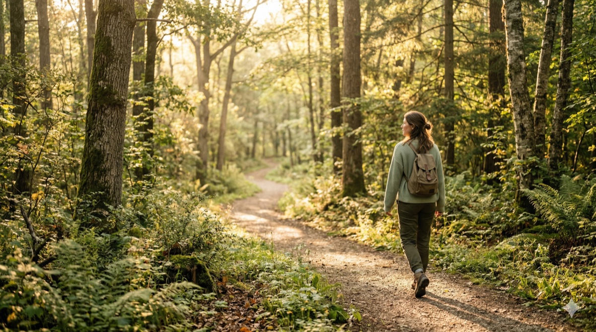 Person walking peacefully in nature experiencing stress relief and wellness
