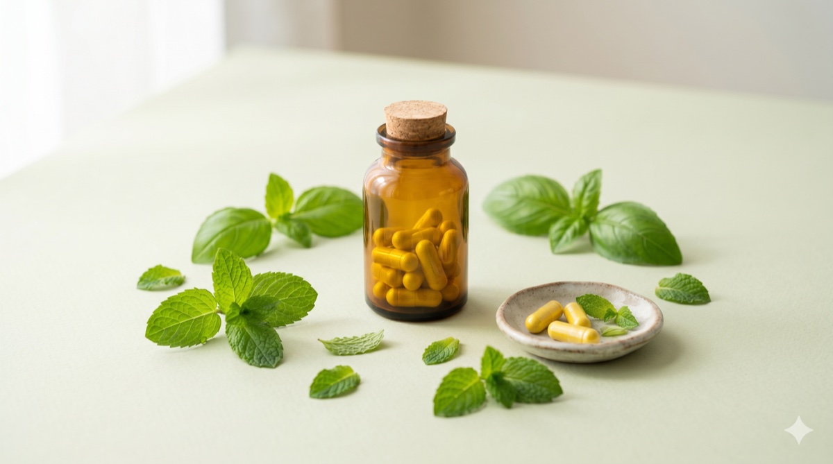 Berberine capsules next to fresh green herbs, representing natural gut health support