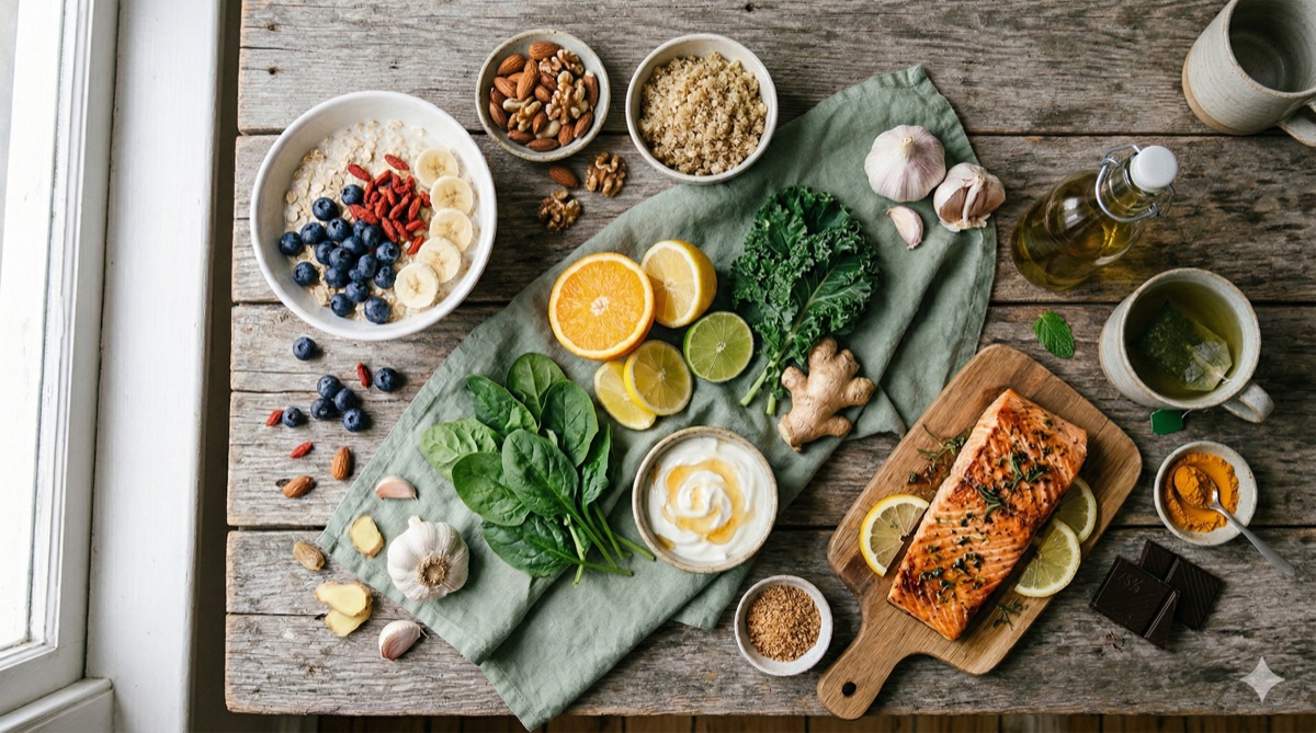 Colorful arrangement of superfoods including berries, nuts, leafy greens, and fresh ingredients on a wooden table