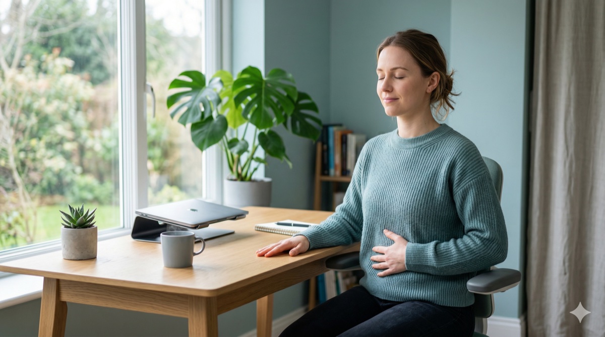 Professional practicing breathing exercises at a modern desk workspace for improved focus and productivity