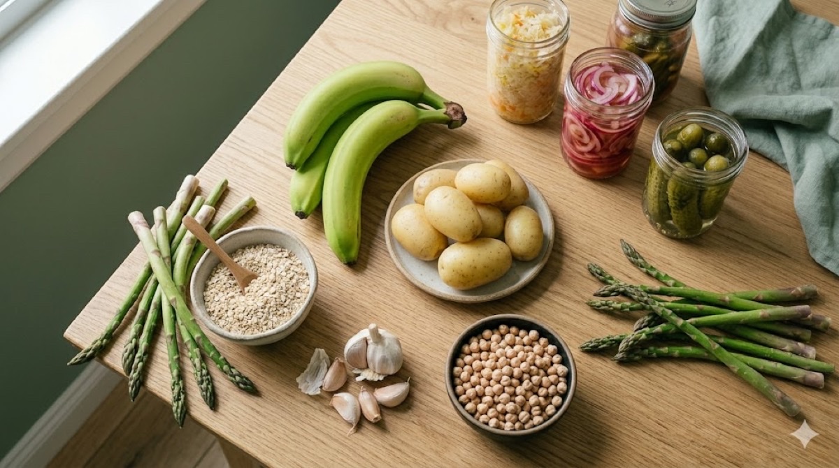 Fresh vegetables, whole grains, and fermented foods representing gut health and butyrate-rich nutrition