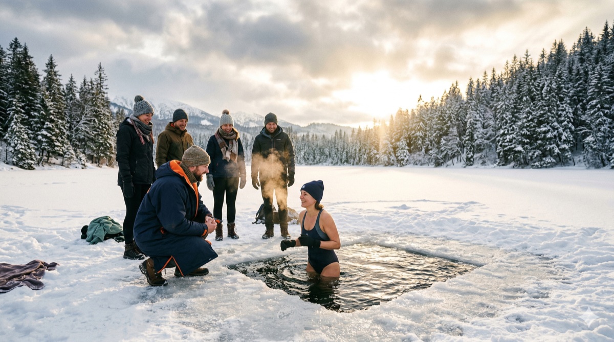 Person entering cold winter water during morsowanie practice in a frozen natural setting