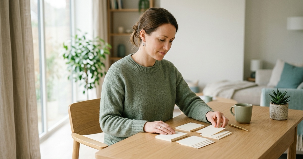 Thoughtful person at a desk sorting choice cards into a simple organized plan