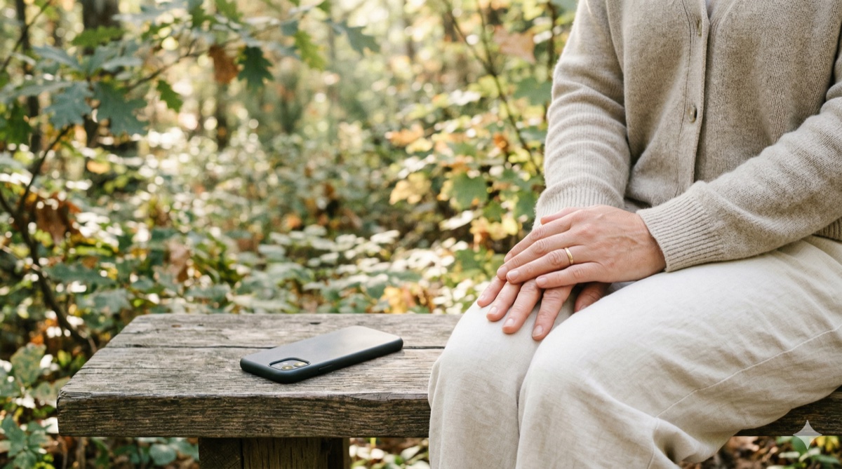 Person practicing calm breathing techniques while a phone rests face-down nearby in a peaceful natural setting