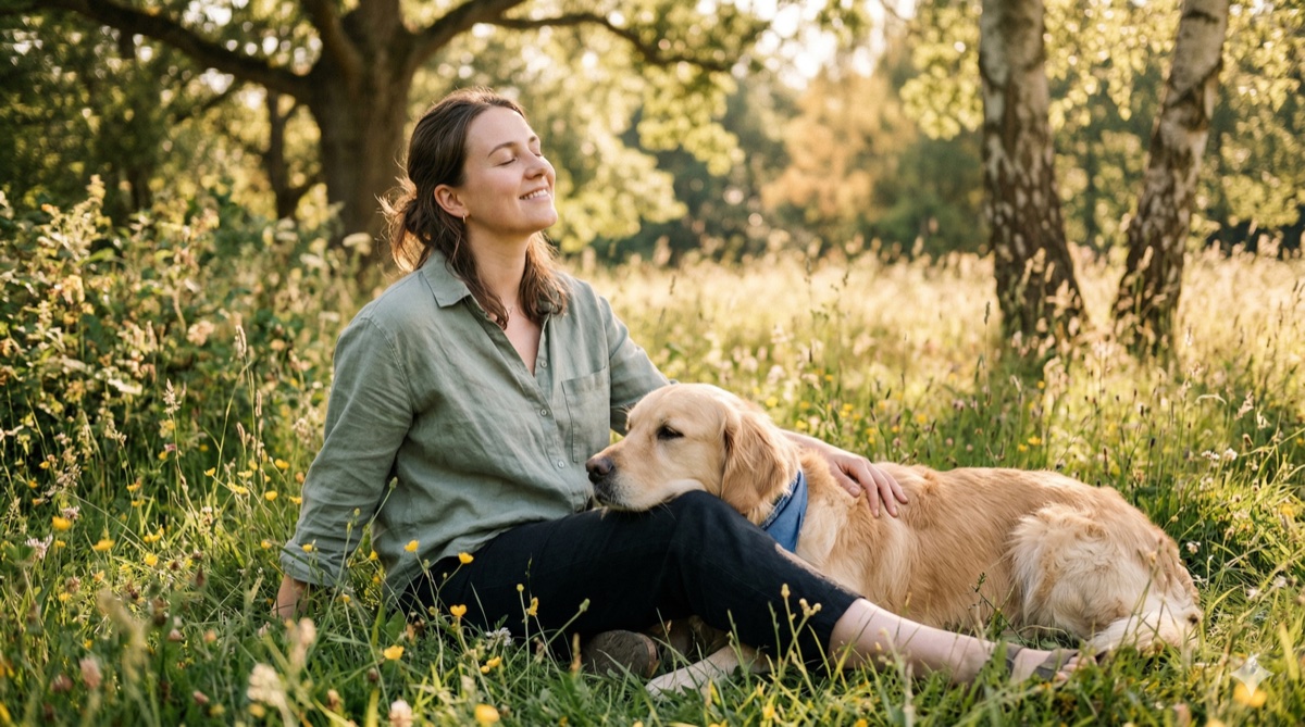 Therapy dog providing comfort and stress relief during a calming interaction
