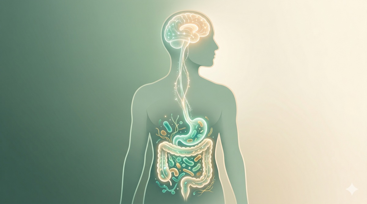 Person holding fresh vegetables and fermented foods symbolizing gut health and emotional wellness