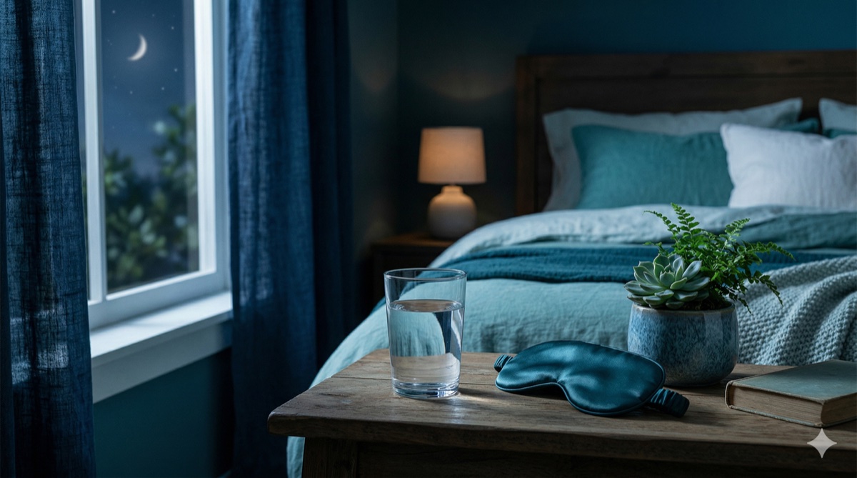 Glass of water on a peaceful nightstand with soft teal-toned lighting symbolizing the connection between hydration and restful sleep