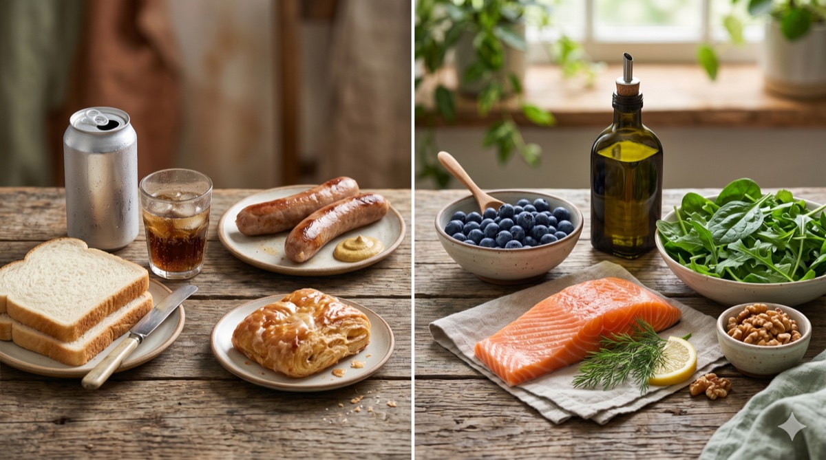 A split composition showing inflammatory foods like soda and pastries alongside anti-inflammatory foods like berries, salmon, and olive oil on a wooden table