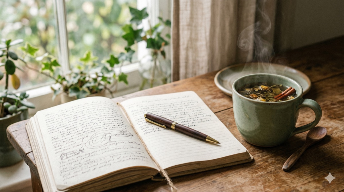 An open journal with a pen resting on its pages beside a cup of herbal tea in a calm, softly lit setting