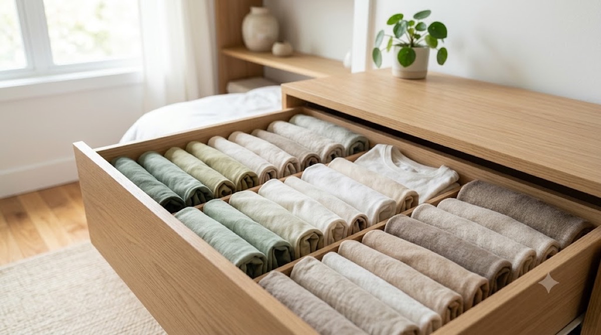 Neatly folded clothes stored upright in a drawer in the KonMari style