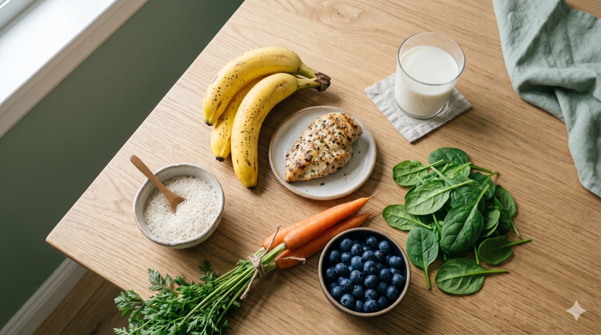 Fresh low FODMAP foods arranged on a wooden table including rice, bananas, carrots, and chicken