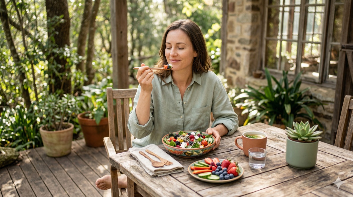 Person eating a colorful meal mindfully in a peaceful natural setting with soft sage-toned lighting