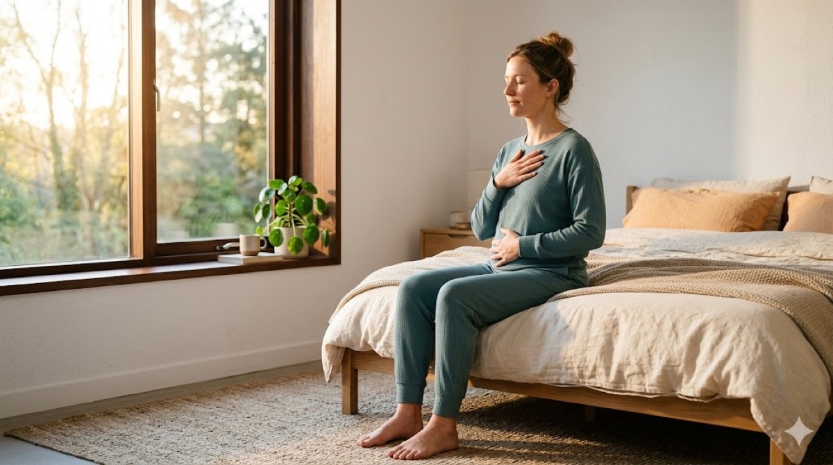 Person practicing energizing morning breathing in soft natural light