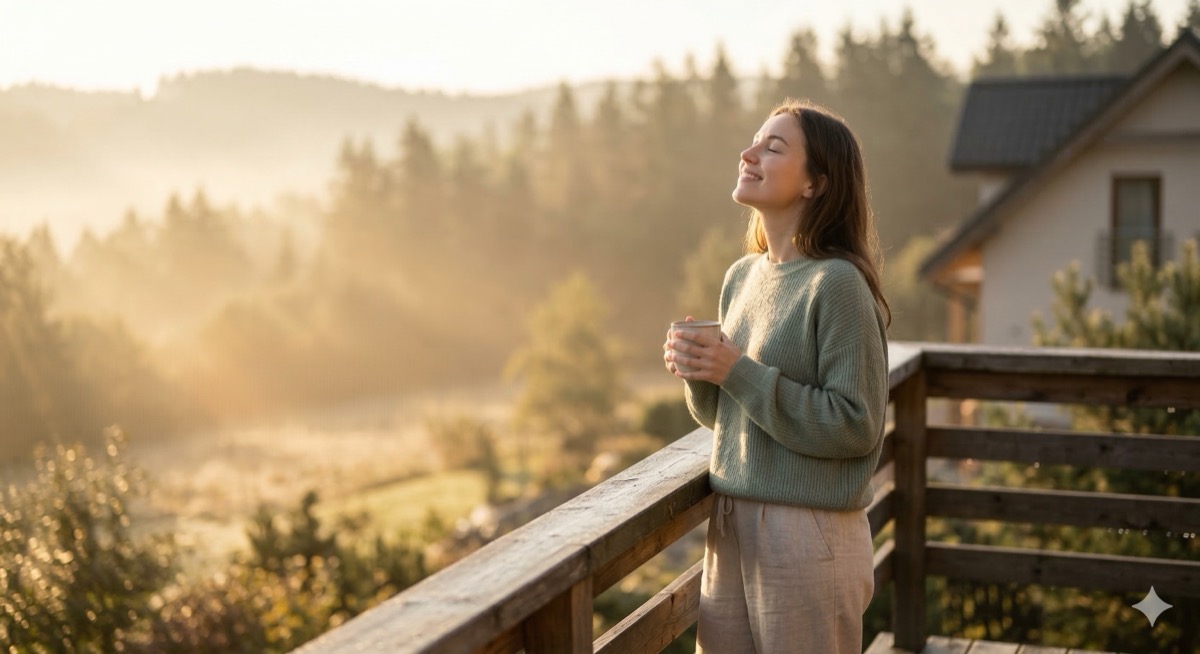 Person enjoying morning sunlight to regulate their circadian rhythm