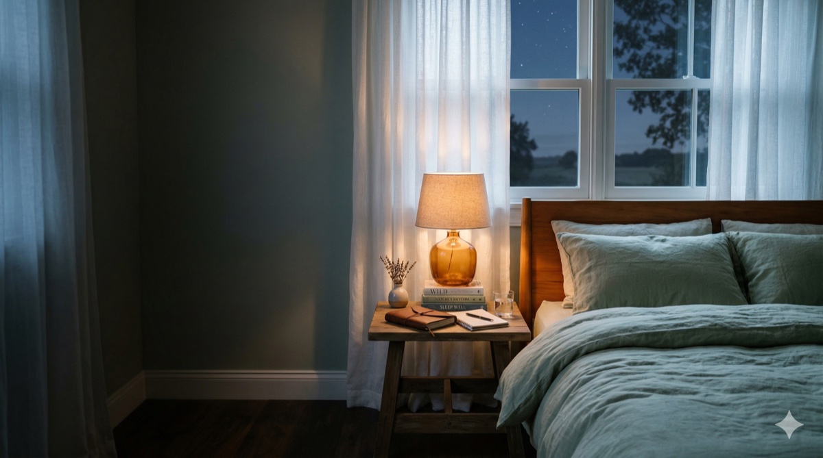 Peaceful bedroom scene with soft moonlight, symbolizing the transition from nightmares to restful sleep