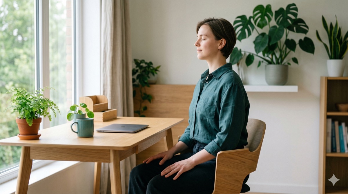 Person demonstrating proper posture with expanded chest for optimal breathing