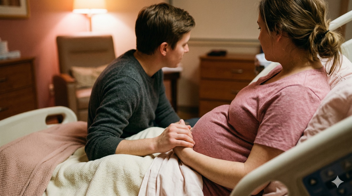 Supportive partner holding hands with birthing person during labor in a calm hospital room