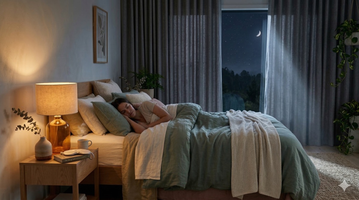 Peaceful bedroom setting with soft lighting promoting healthy sleep