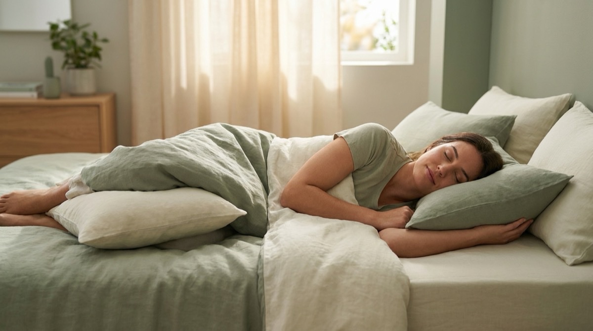 Person sleeping peacefully on their side in a well-aligned position with a sage-toned background