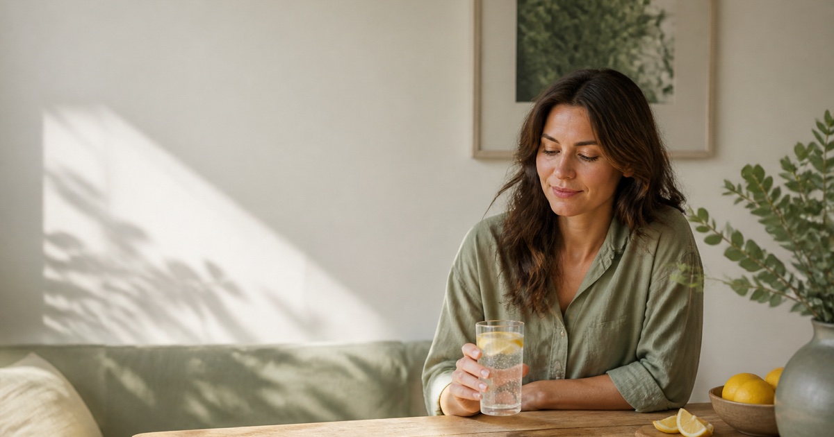 A person choosing sparkling water at a calm, sunlit table as part of a sober curious lifestyle