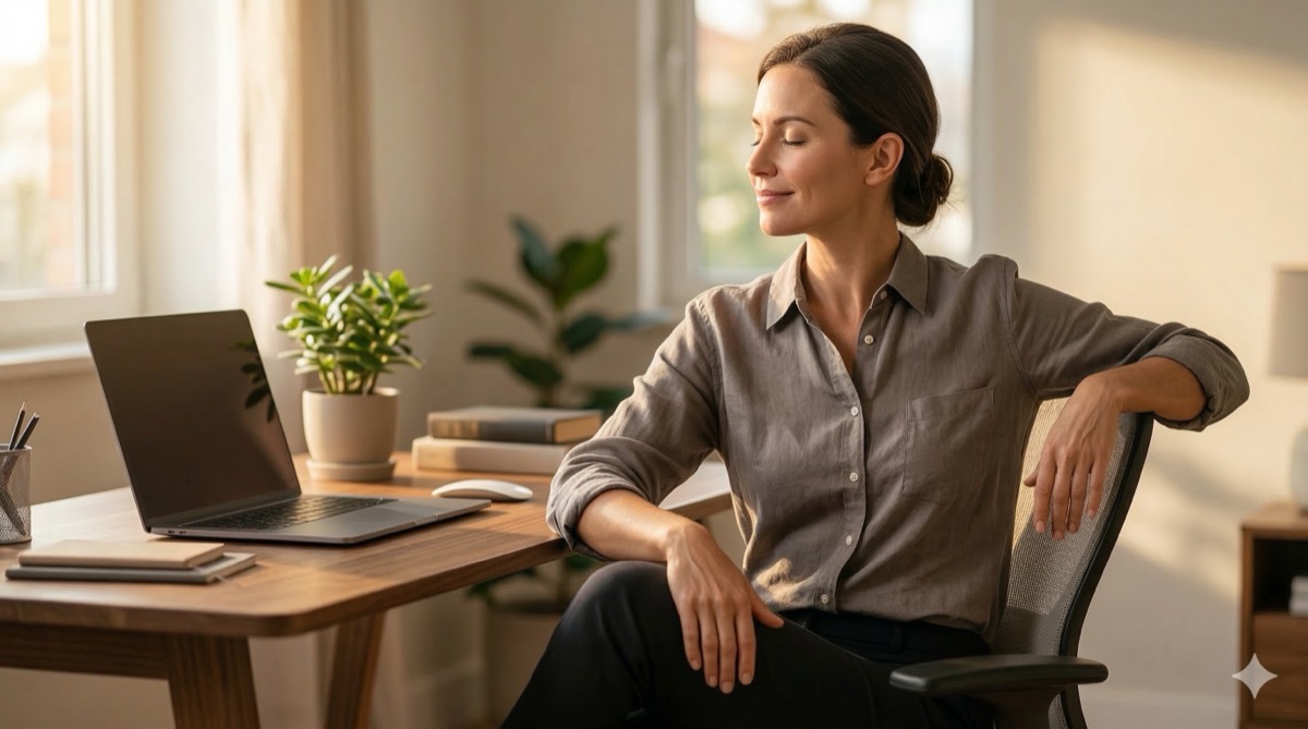 Person doing simple stretches at their desk during work