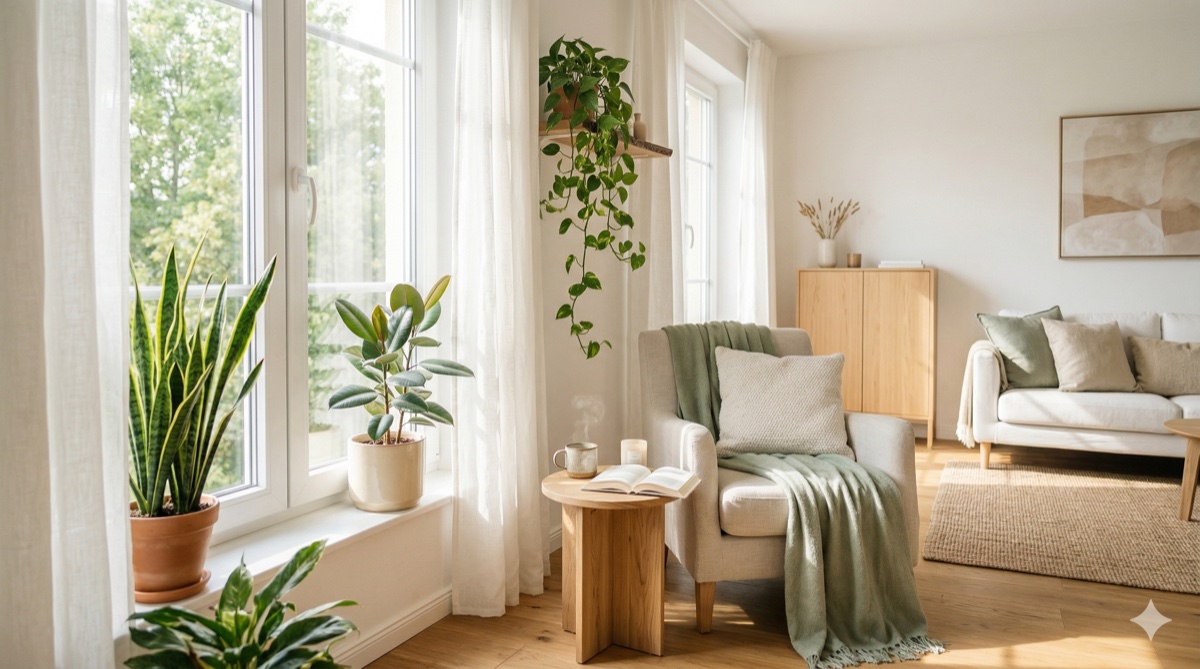 Bright living room filled with natural sunlight streaming through large windows with indoor plants