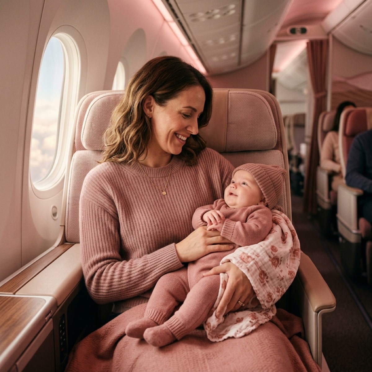 Parent comfortably holding an infant during a flight
