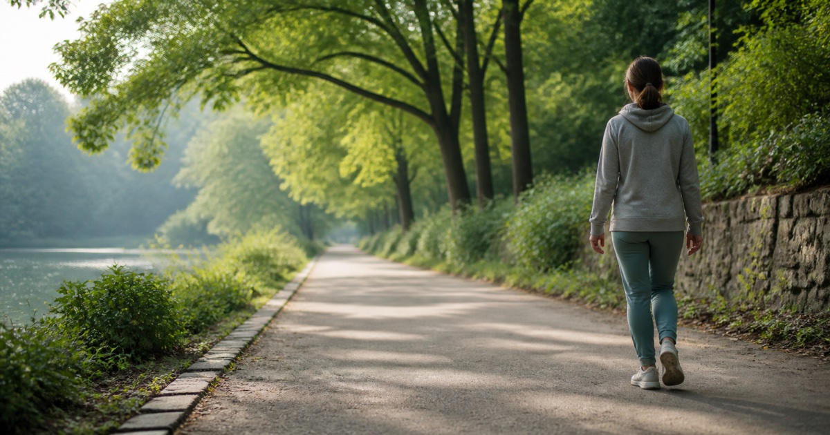 Person walking calmly along a leafy park path while practicing mindful breathing
