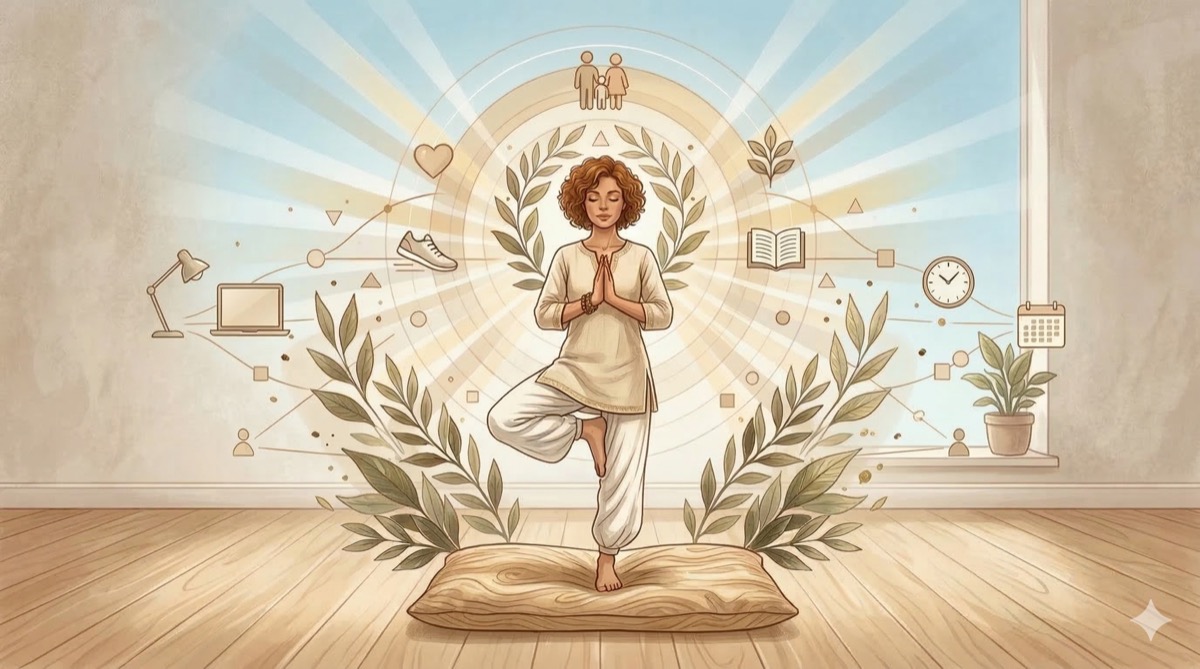 Person finding balance between work and personal life in a calm setting